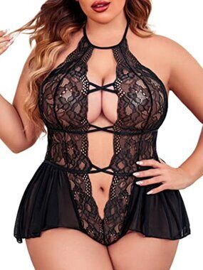 BRAND NEW Womens Plus Size Lingerie Lace Bodysuit Teddy Deep V One Piece